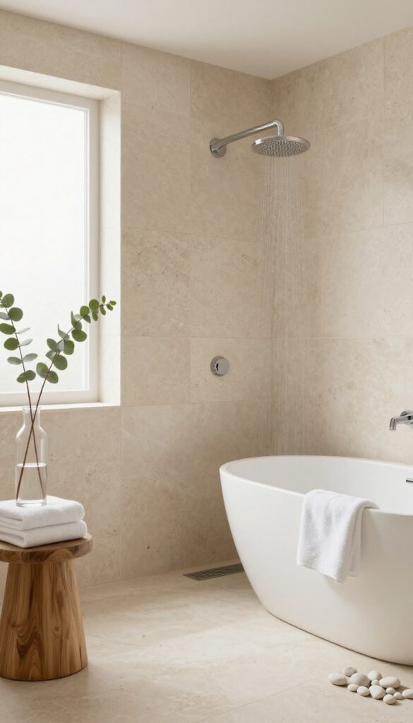 Natural stone tub shower with travertine walls and a freestanding bathtub in a bright, spa-like bathroom