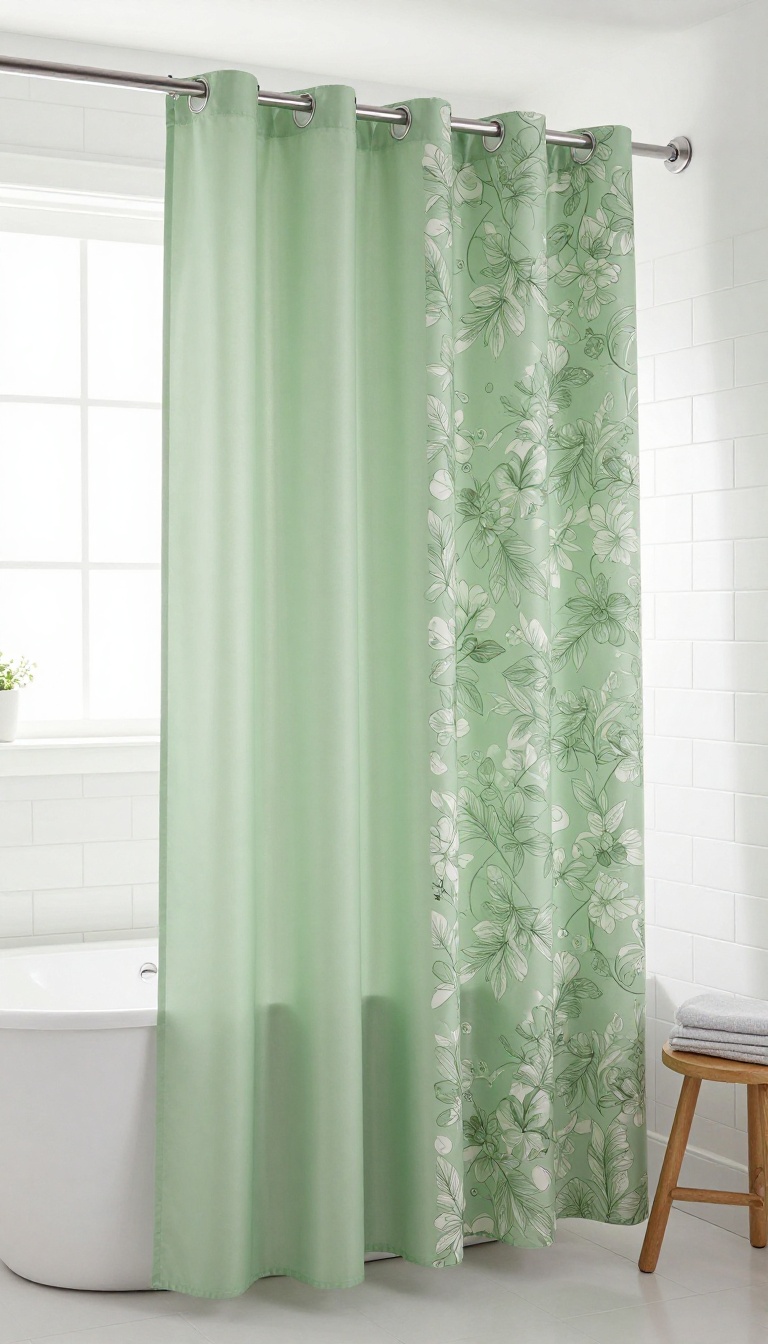 Two-tone tall shower curtain with sage green solid and floral patterned panels in a bright bathroom