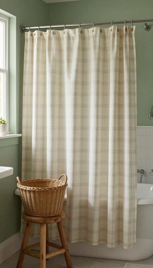Rustic bathroom with plaid shower curtain in muted green and cream, wooden stool and woven basket, natural light