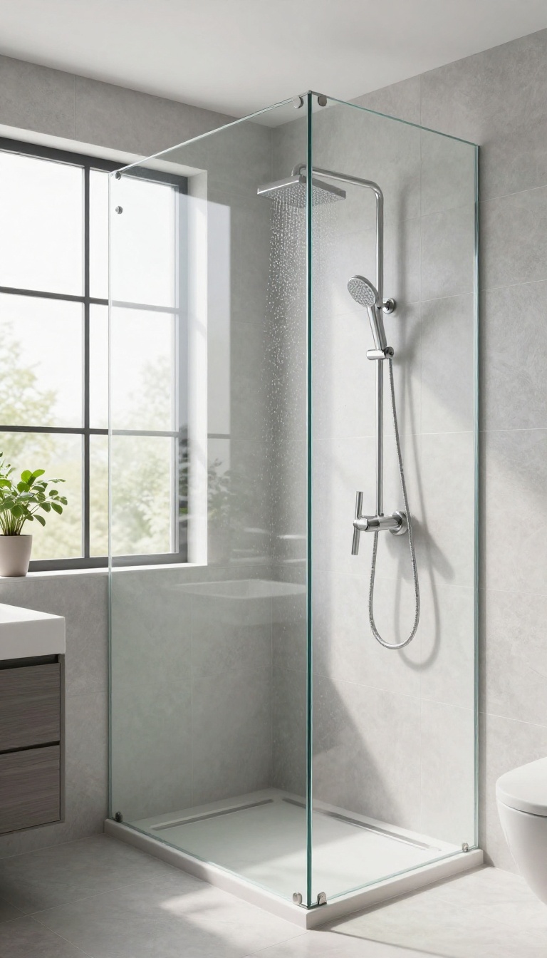 Modern bathroom with floating half wall and glass shield, featuring tile finish and rainfall showerhead