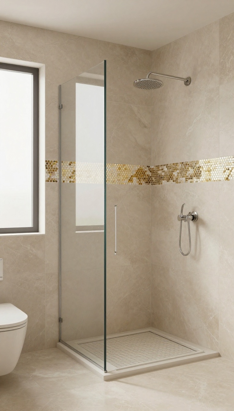 Modern walk-in shower with large-format beige slabs and a gold and white mosaic accent strip