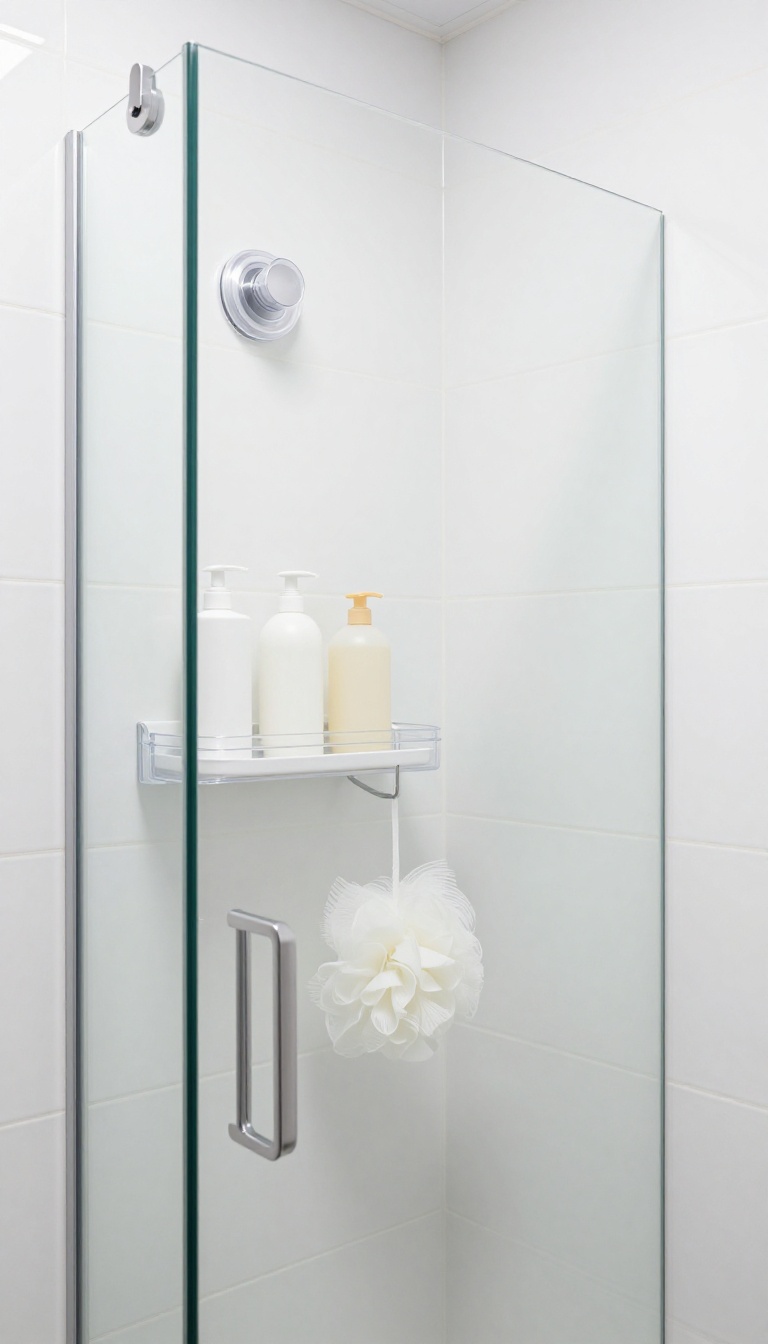 Modern shower corner with a transparent suction cup basket holding bottles and a loofah on glossy white tiles.