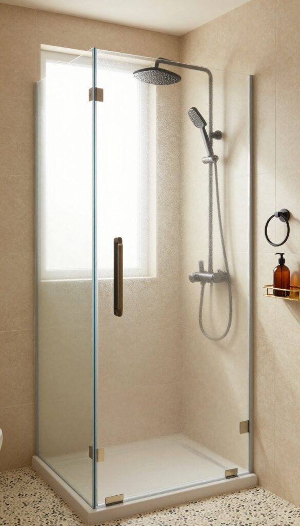 Modern enclosed shower with matte black and brushed brass fixtures, warm travertine tile, and natural light