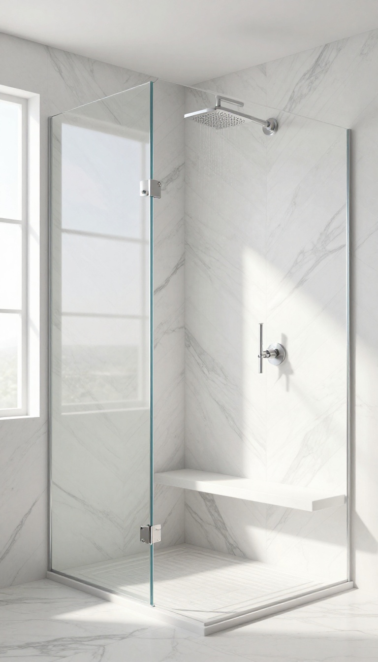 Modern shower with large-scale chevron marble tiles in a bright, luxurious bathroom