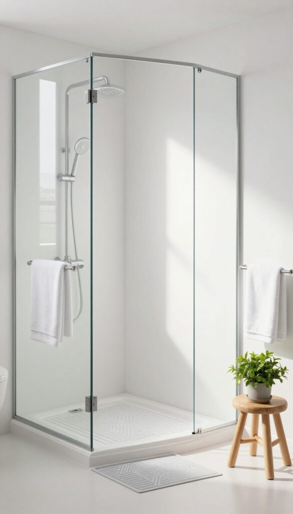 A small bathroom with a shower-over-bath setup featuring a non-slip mat and adhesive treads for safety.