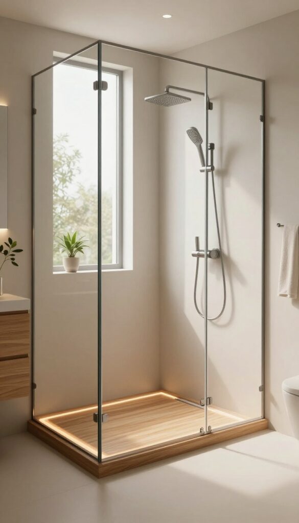 Modern bathroom with a heated teak shower seat in a bright, inviting walk-in shower.