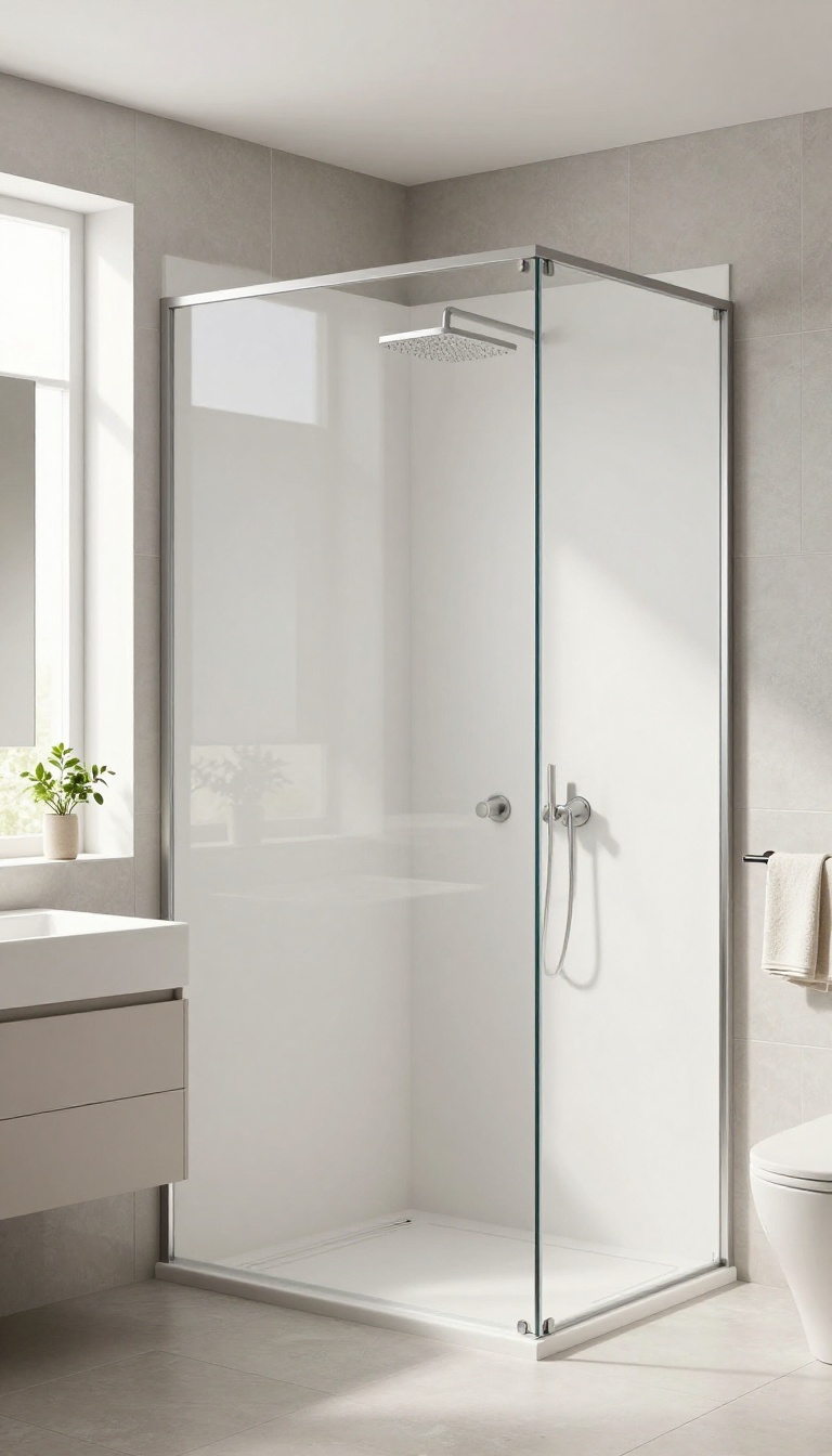Minimalist bathroom with a slim profile pony wall and frameless glass shower panel