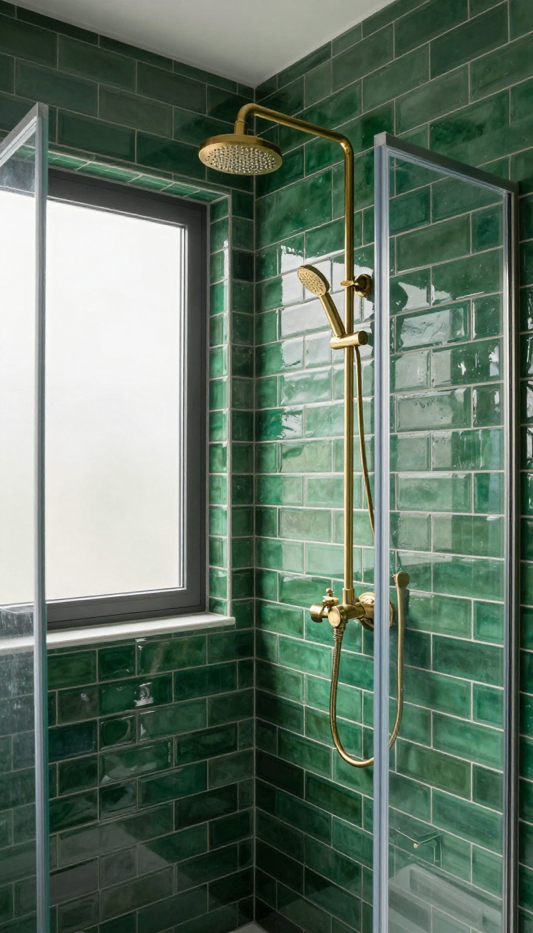 Luxurious shower with deep emerald glossy subway tiles, brushed brass fixtures, and natural light
