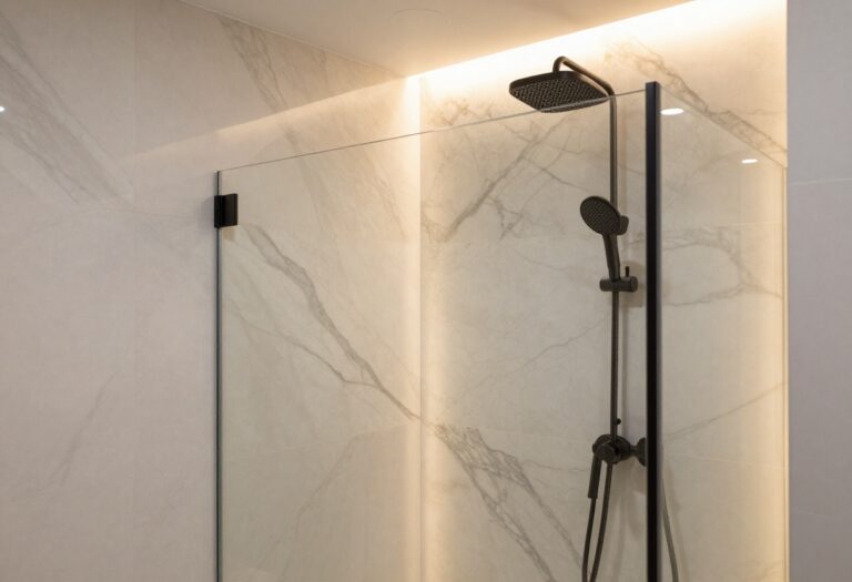 Modern bathroom shower with backlit onyx wall and matte black fixtures