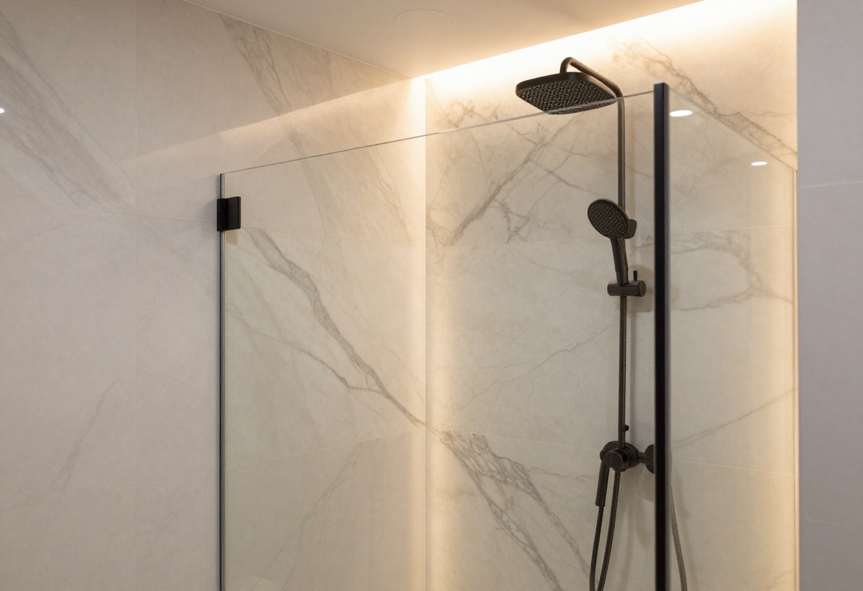 Modern bathroom shower with backlit onyx wall and matte black fixtures