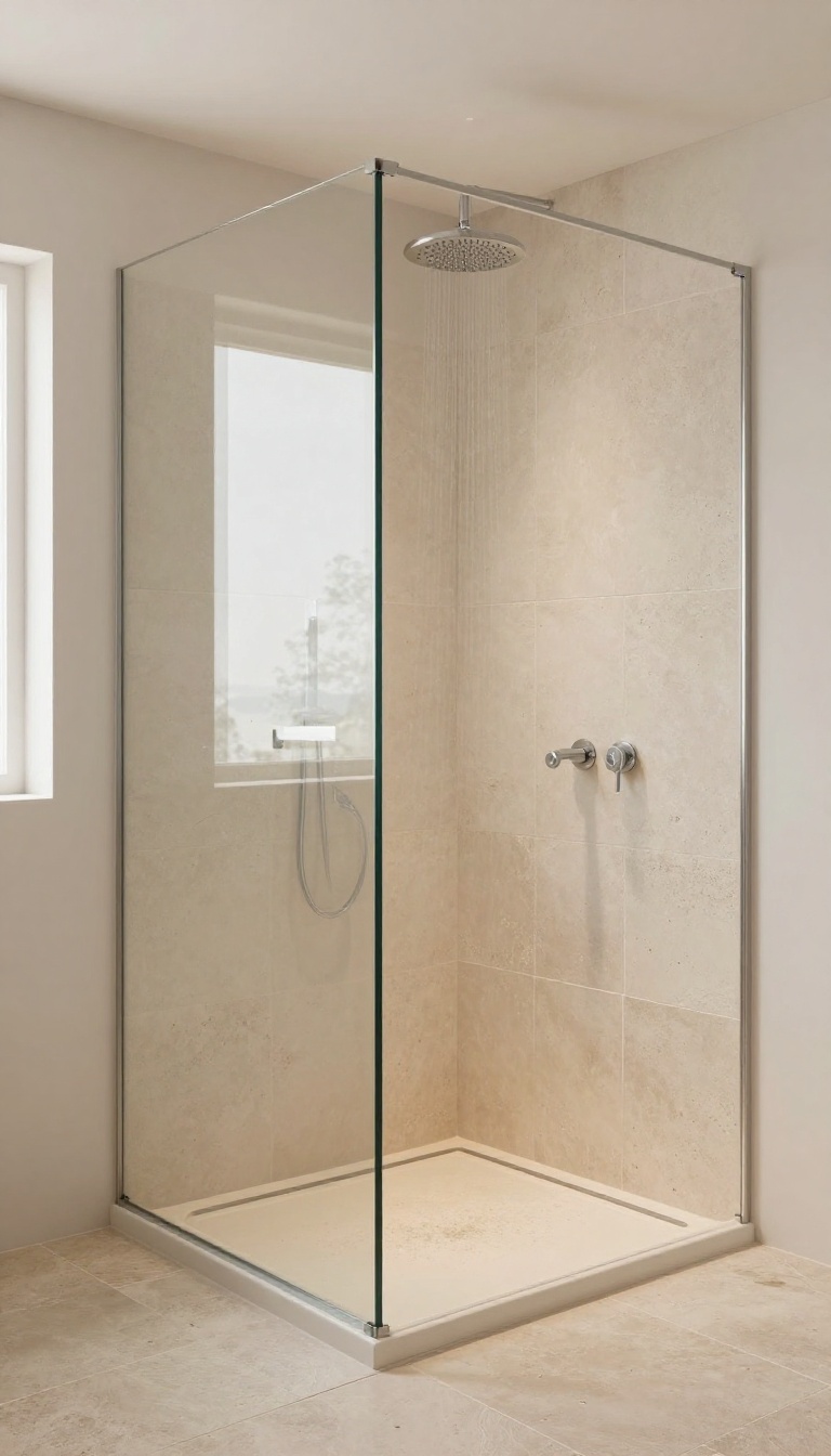 Modern zero entry shower with heated stone floor and glass partition, bathed in natural light.