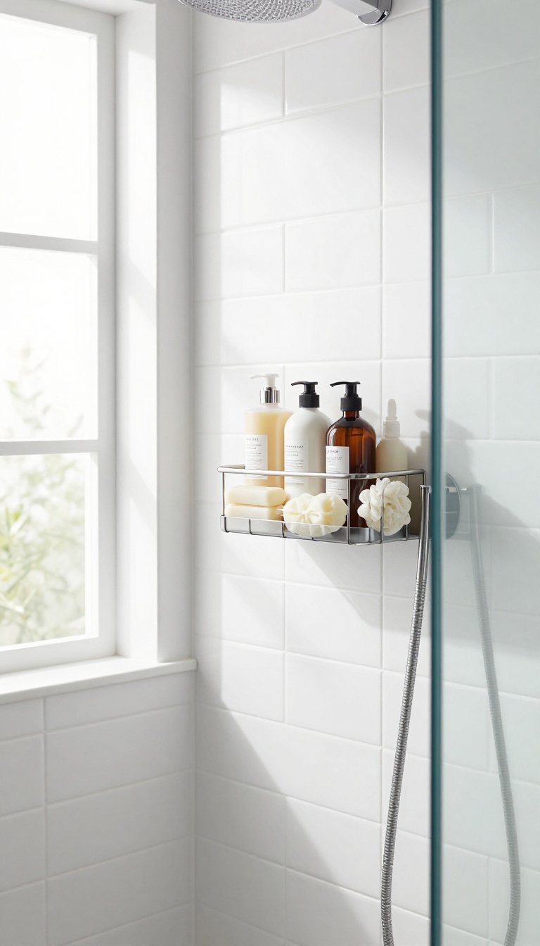 Wall-mounted shower caddy in a modern bathroom
