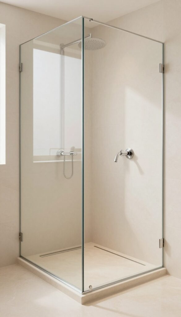 Luxurious stone resin shower base in a bright, modern bathroom with a linear drain and rainfall showerhead