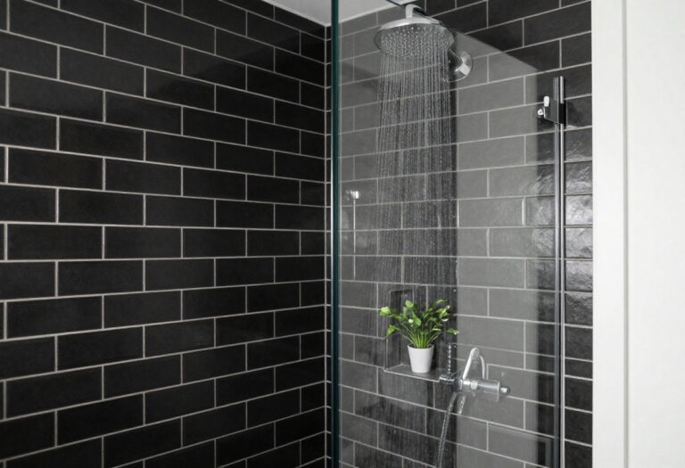 Modern black tile shower with glass door and rainfall showerhead