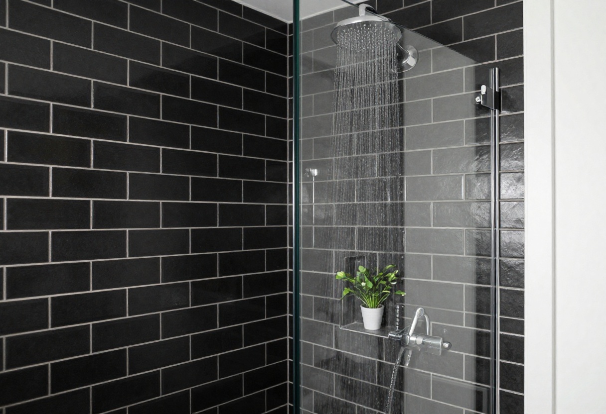Modern black tile shower with glass door and rainfall showerhead