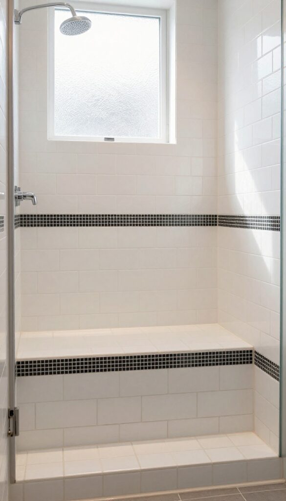 Modern walk-in shower with a tiled bench featuring a black and white mosaic border, set against white subway tile walls.