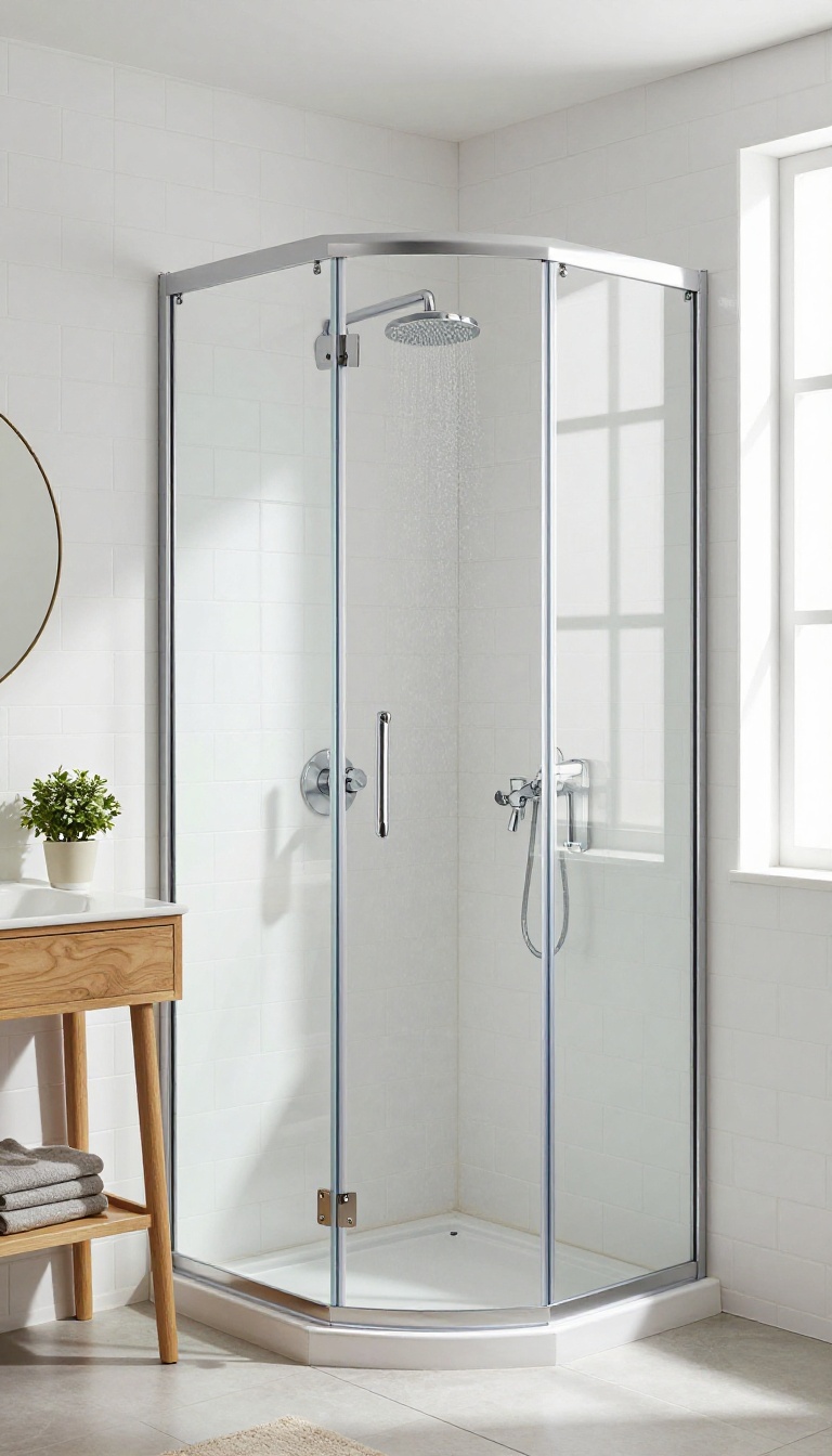 Corner-fitted shower cabin with clear glass and rainfall showerhead in a bright, compact bathroom