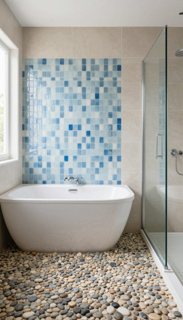 Modern bathroom with a glass mosaic tile accent strip behind a white tub and pebble tile shower floor, creating a spa-like feel.