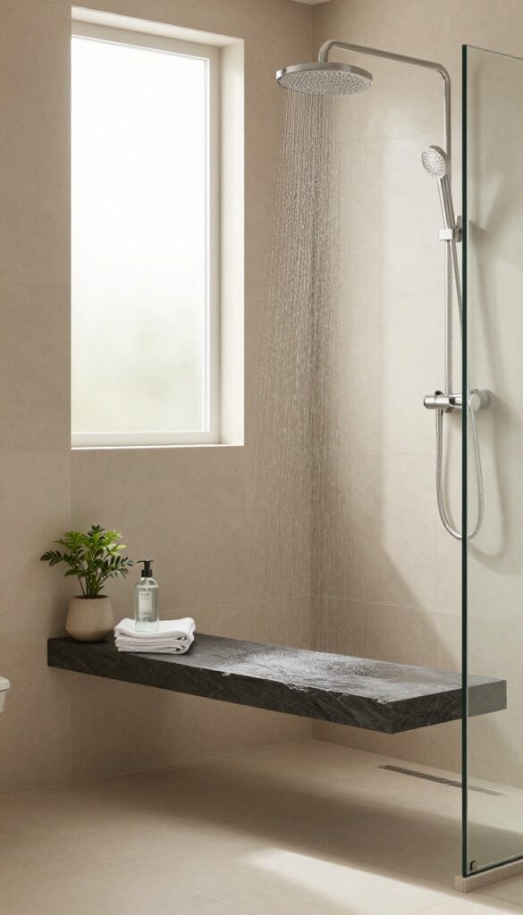 Modern shower with floating stone ledge holding shampoo, washcloth, and plant