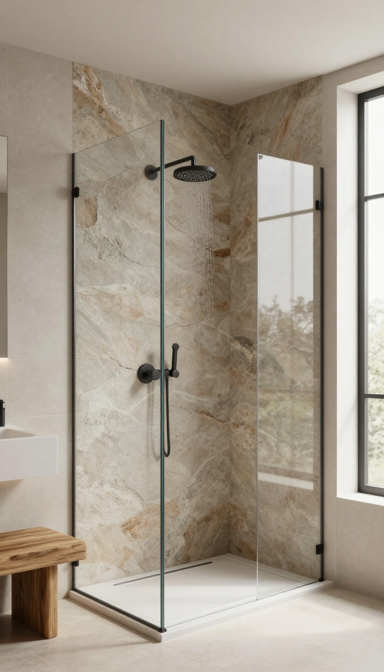 Luxury shower with thin stone veneer accent wall, earthy texture, and modern fixtures