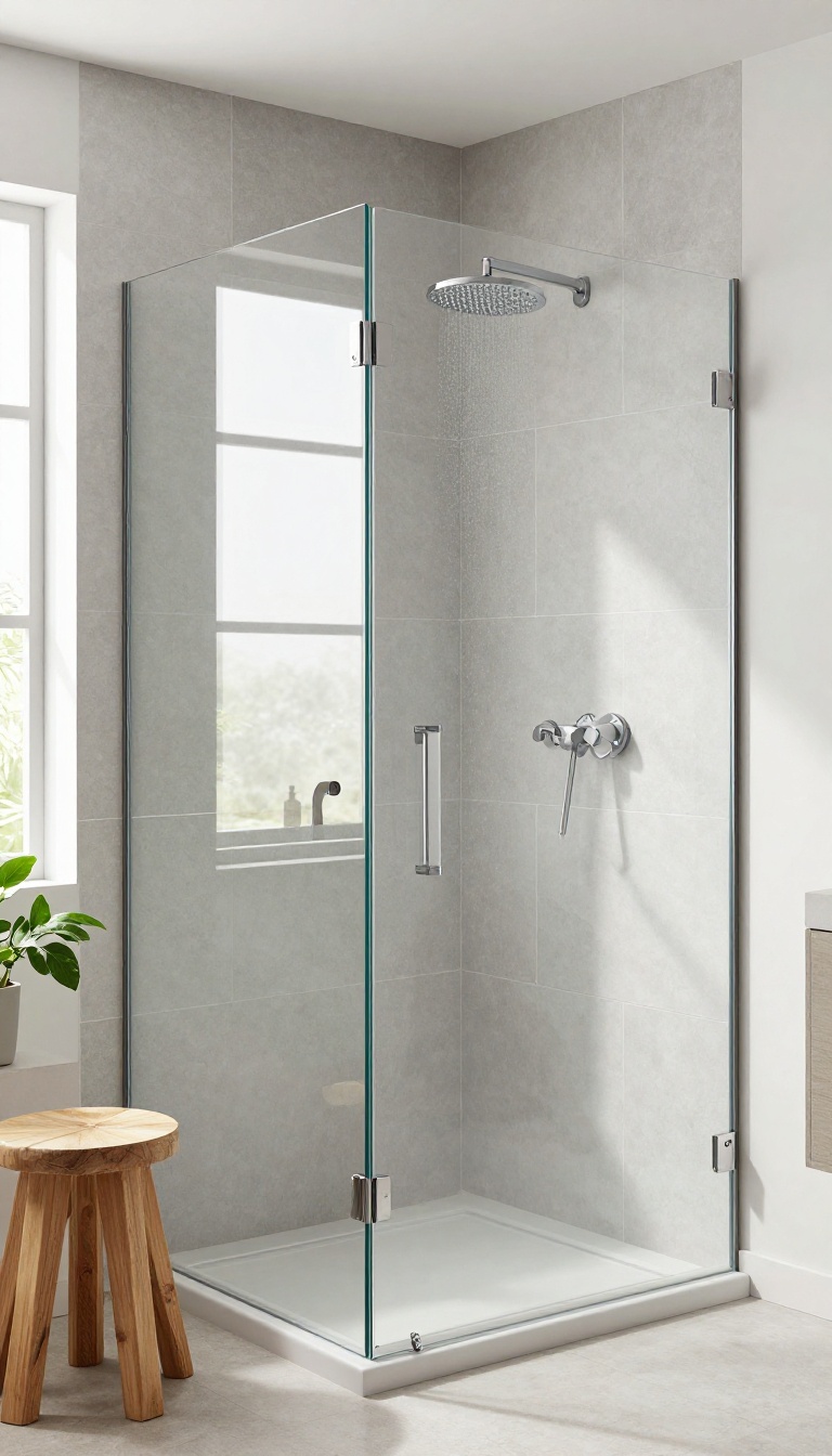 Modern walk-in shower with large-format tiles and minimal grout lines, bright natural light