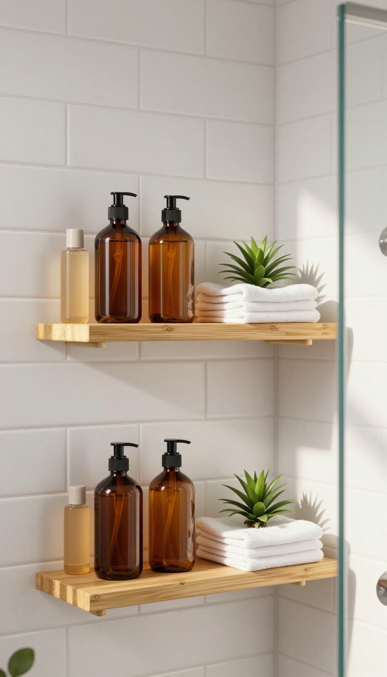 Floating bamboo shelves in a shower holding toiletries and a plant, with warm natural light