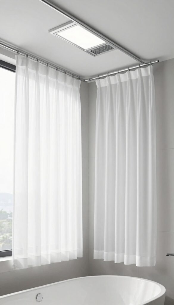 Modern bathroom with ceiling-mounted double shower curtain track, sheer outer curtain and liner, bright natural light, minimalist design