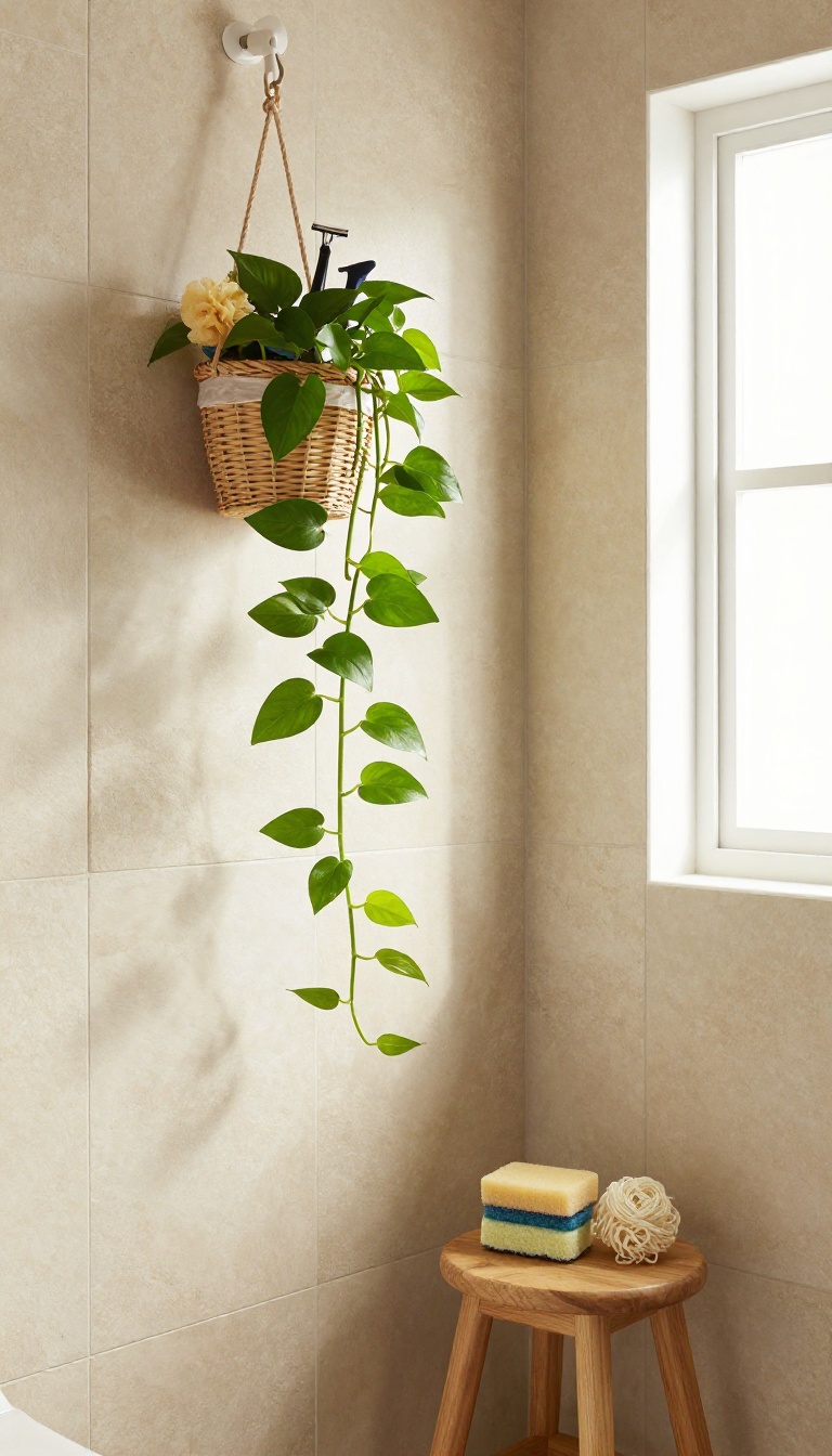 Hanging planter in shower with storage for sponge, razor, and loofah, surrounded by trailing pothos greenery