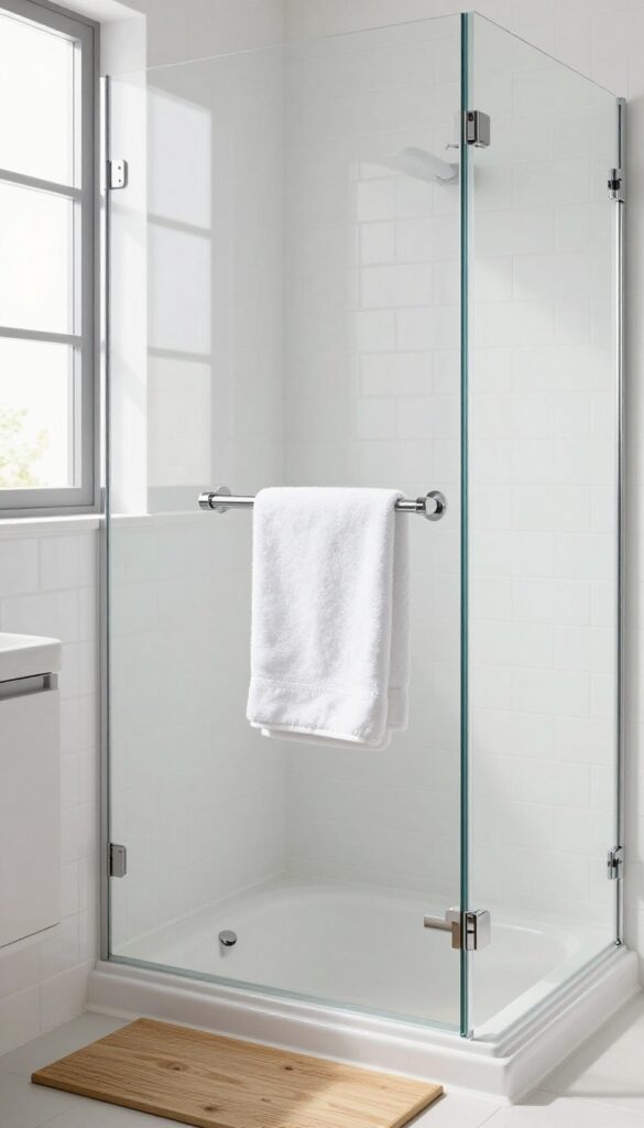 Small bathroom with a shower-over-bathtub and a heated towel rack mounted on the wall, holding a white towel, in bright natural light.