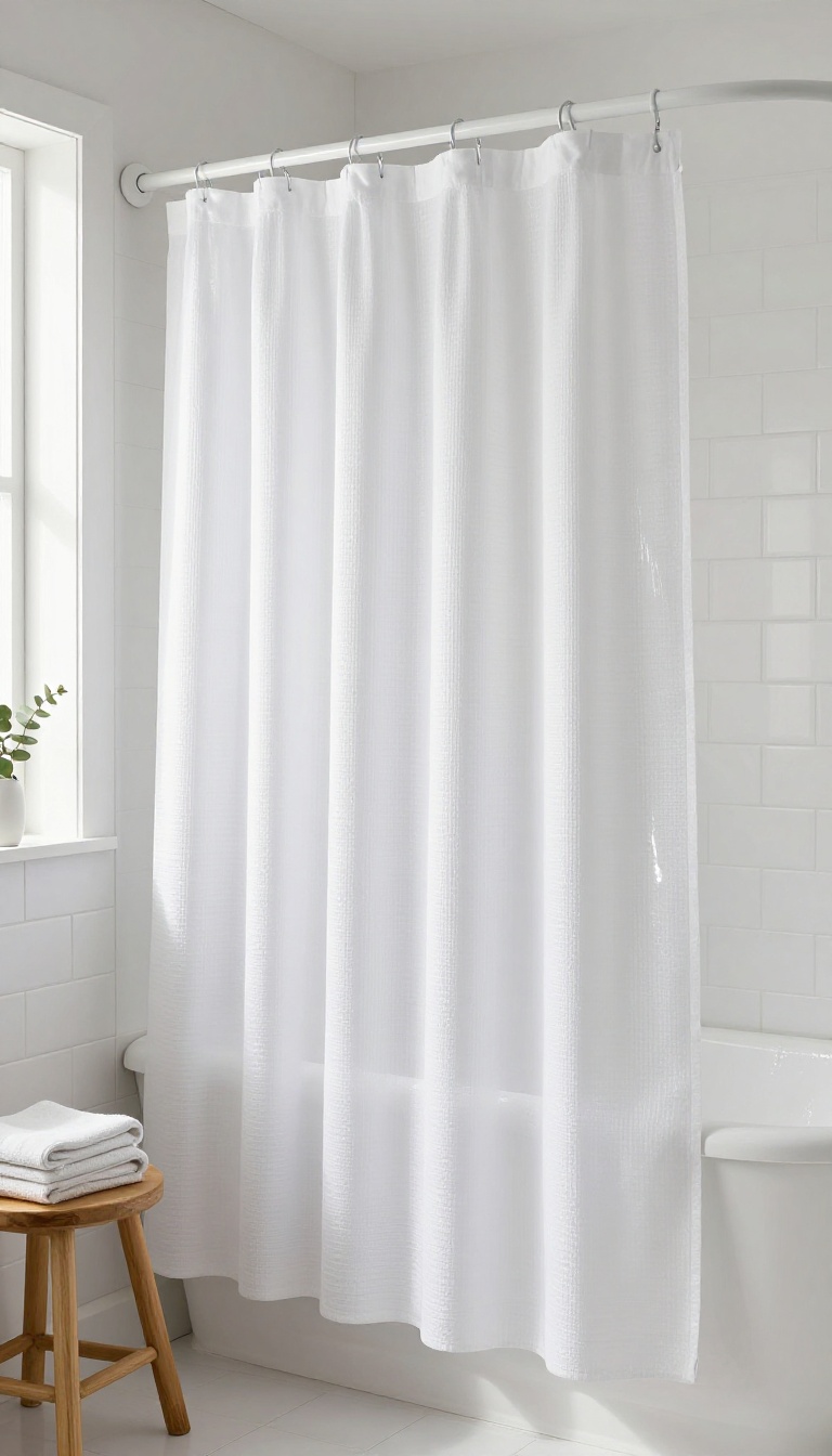Elegant bathroom shower with white waffle-weave curtain and clear liner on a curved rod.