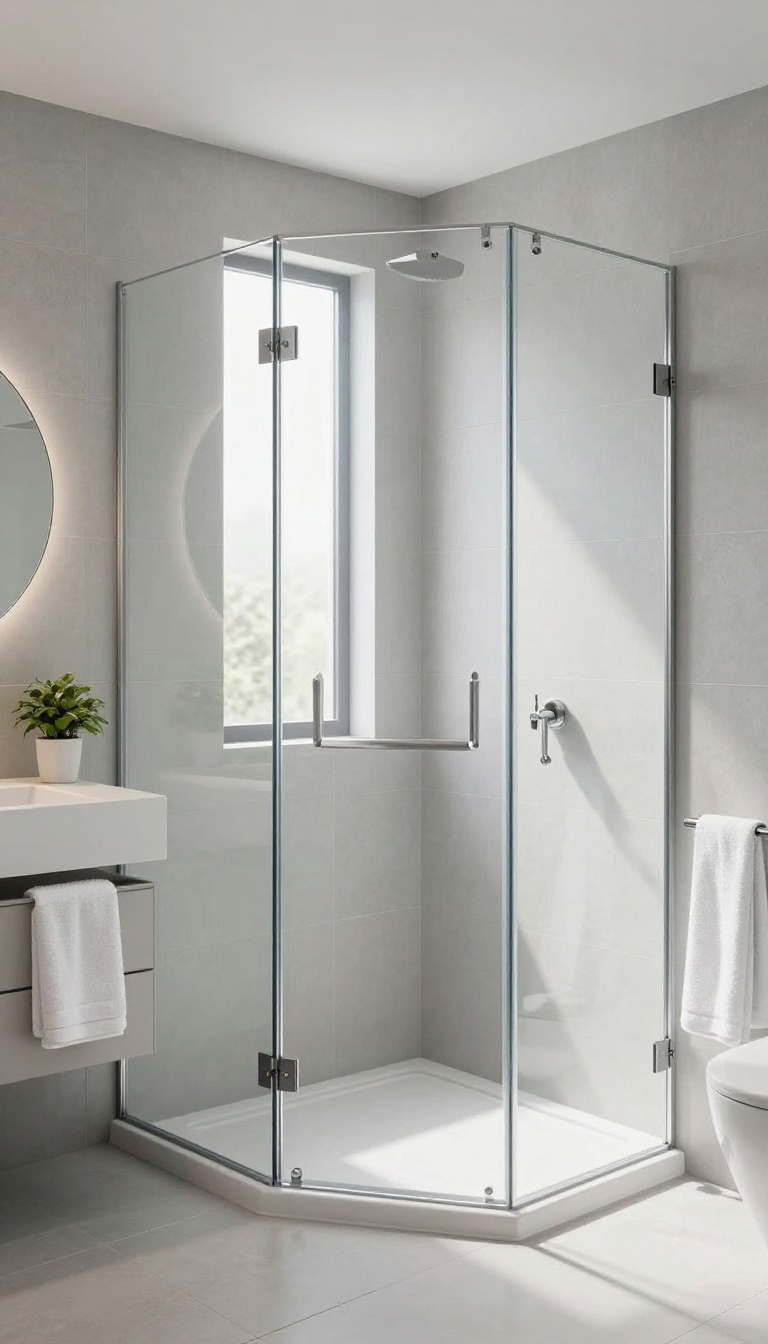 Small bathroom with frameless glass shower door, clear glass, and bright natural light, showing an open and airy feel.