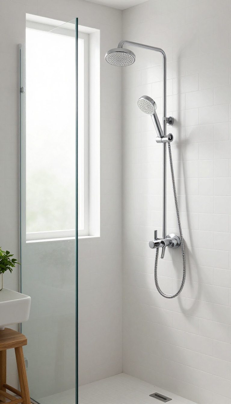 Handheld showerhead on a slide bar in a small bright bathroom with white subway tiles and natural light.