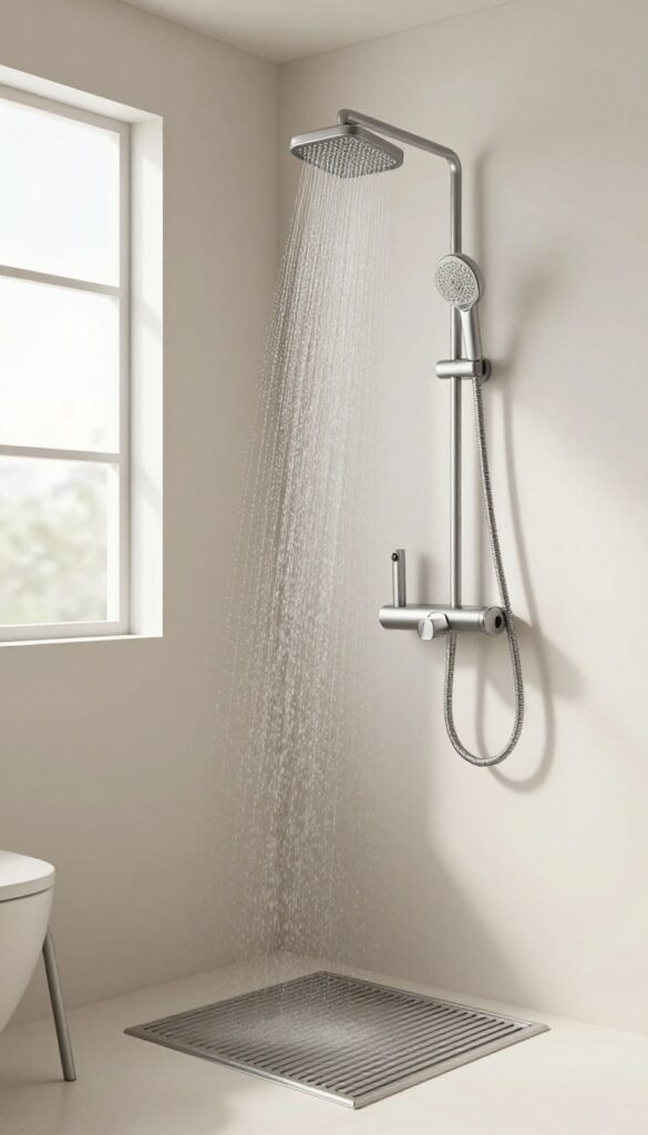 Handheld showerhead with slide bar in a bright accessible bathroom