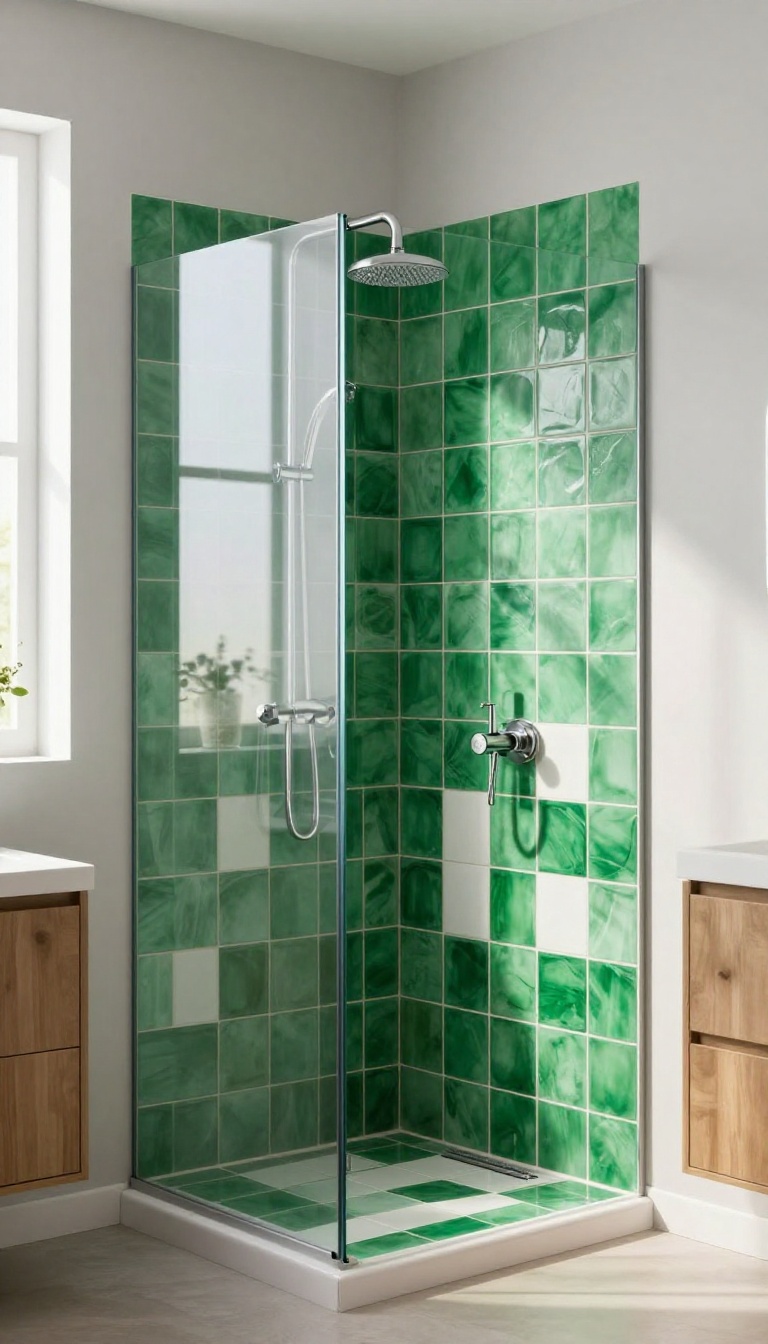Small stand-up shower with bold emerald green and white geometric tiles, bright natural light, modern bathroom design