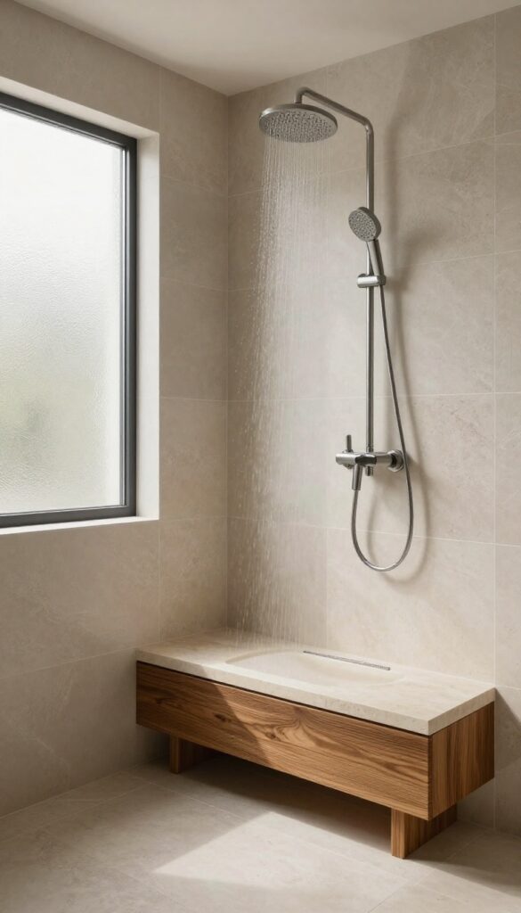 Modern walk-in shower with a built-in stone bench and teak mat, illuminated by natural light