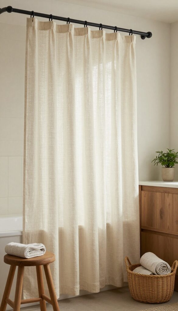 Rustic bathroom with a natural linen shower curtain, wooden hooks, and a woven basket, styled with farmhouse decor.