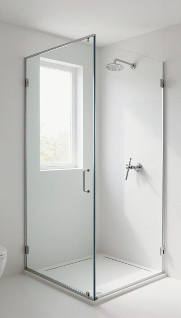Large format matte white tiles in a walk-in shower with minimal grout lines, creating a sleek and spacious look.