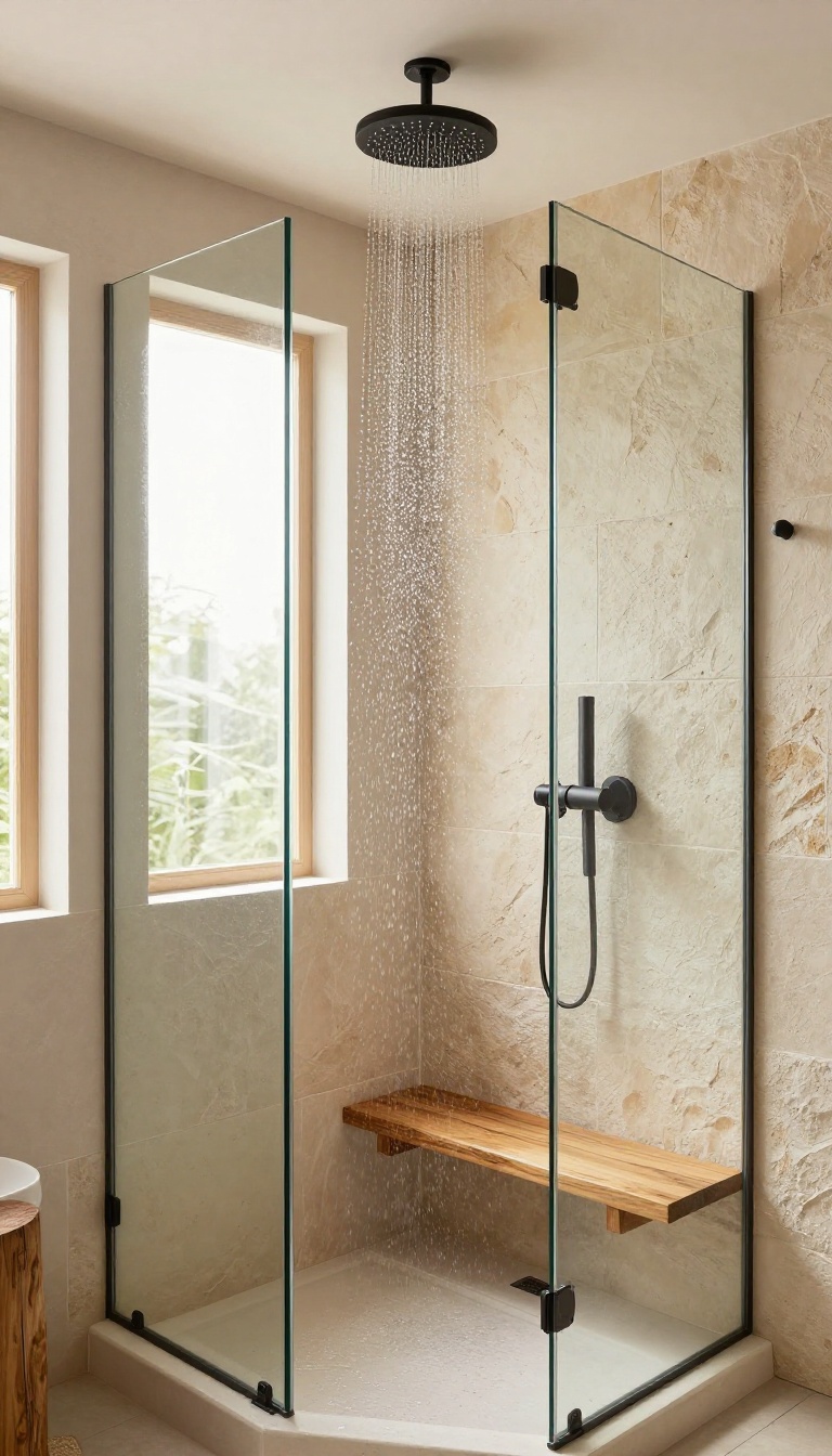 Rustic walk-in shower with a rainfall showerhead, stone walls, and a wooden bench, bathed in natural light.