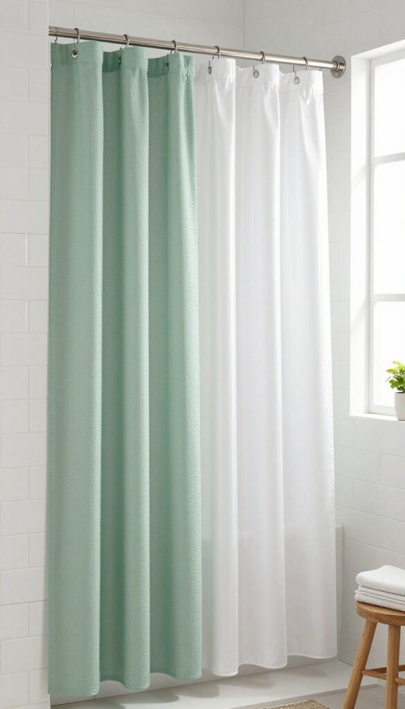 Bathroom shower with waffle weave and smooth shower curtains in sage green and white