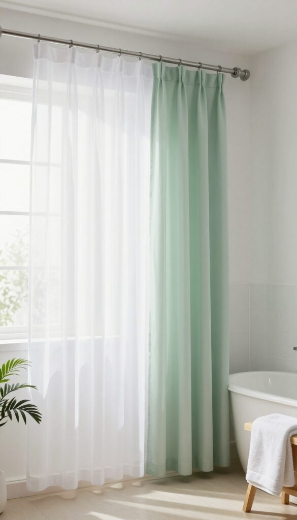 Bright bathroom with layered double shower curtains in sheer white and sage green, showcasing a spa-like aesthetic.