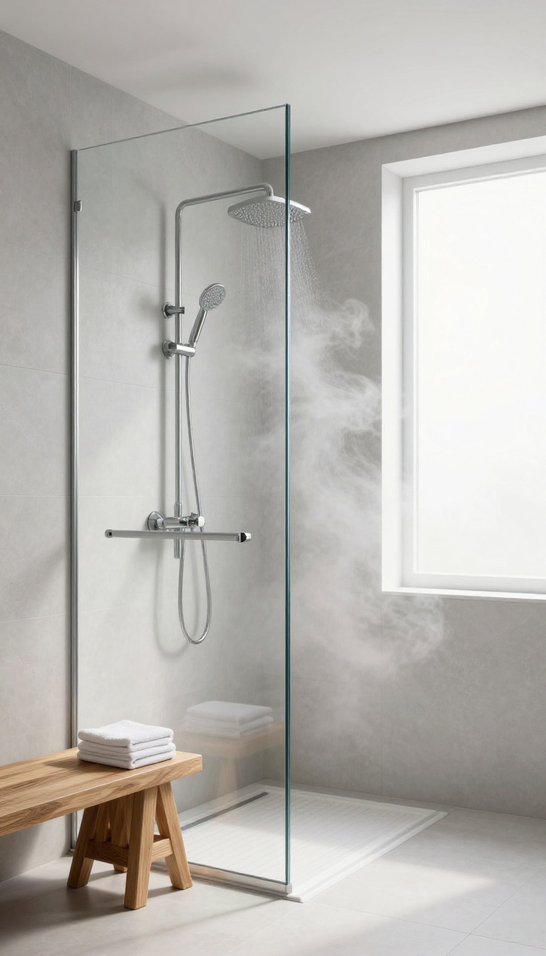 A bright, modern bathroom with a steam shower featuring a teak bench and soft steam, creating a spa-like ambiance.