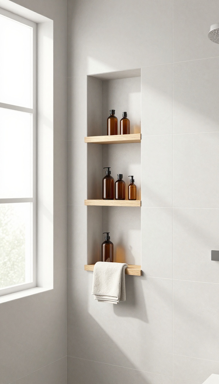 Modern walk-in shower with a built-in niche and wooden shelves holding shampoo bottles and a folded towel.