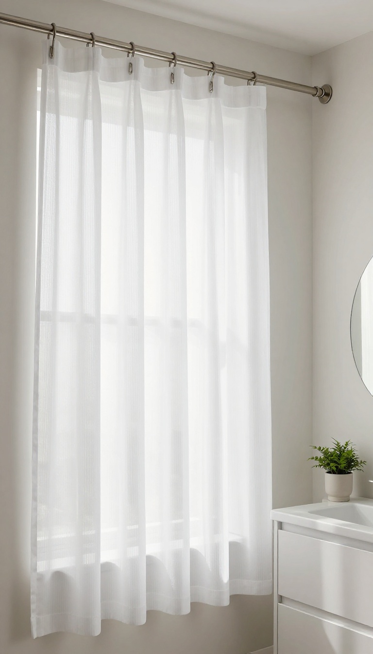 Small bathroom with a white striped shower curtain on a tension rod, bright and airy