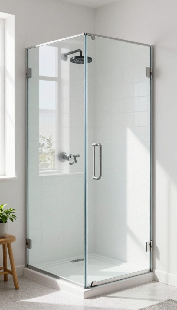 Small stand-up shower with frameless glass door, white subway tile, and natural light