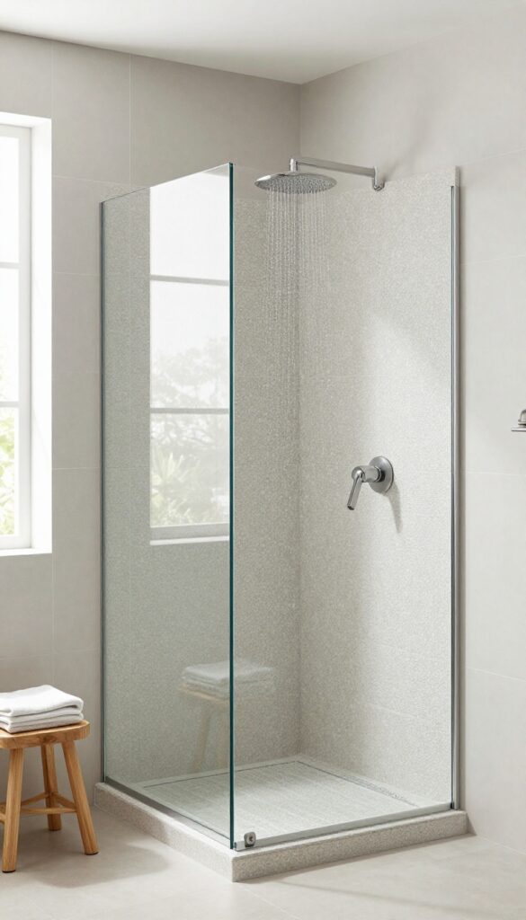 Modern bathroom with a textured stone-effect shower tray and rainfall showerhead