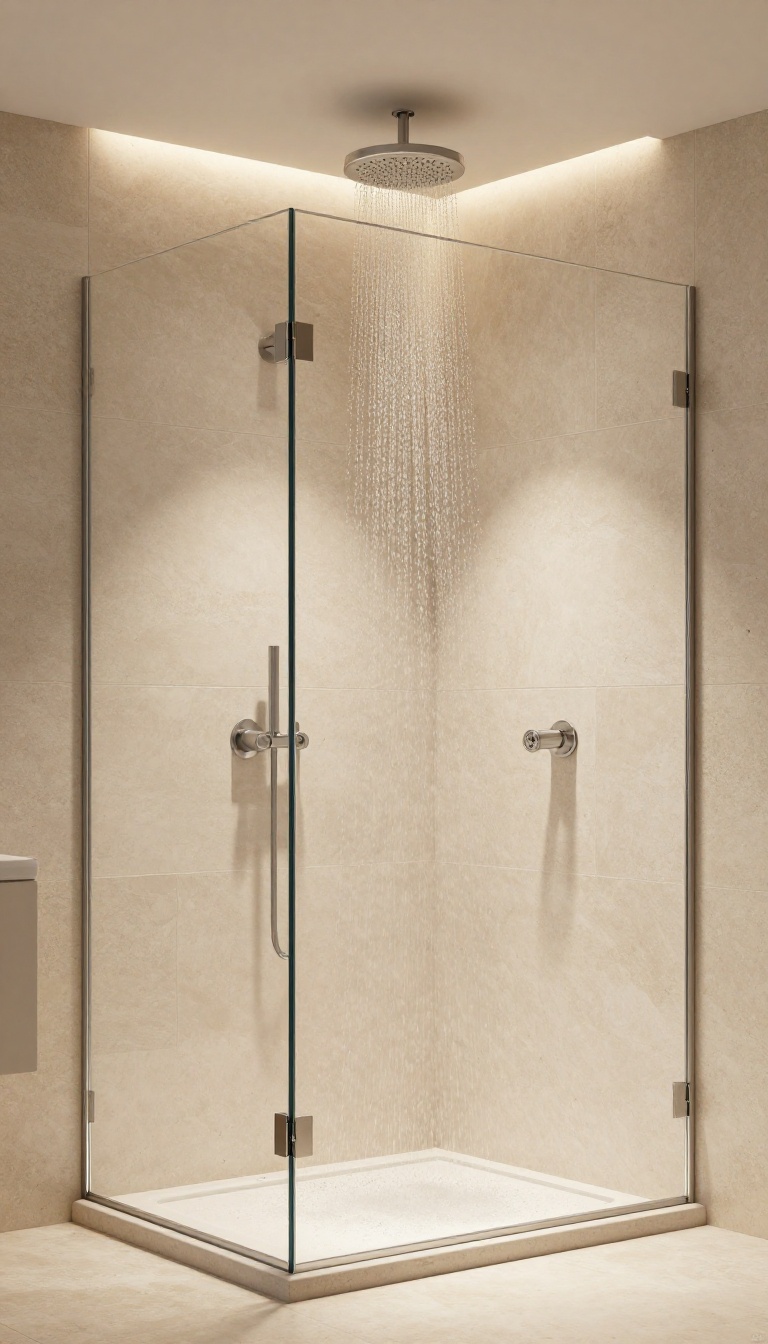 Modern zero-entry shower with ceiling rain shower head and natural stone tiles
