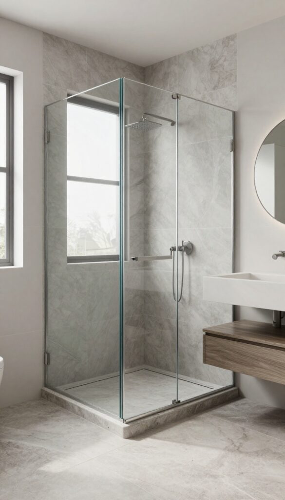 Modern neo-angle shower base in a compact bathroom with glass enclosure and stylish floor tiles