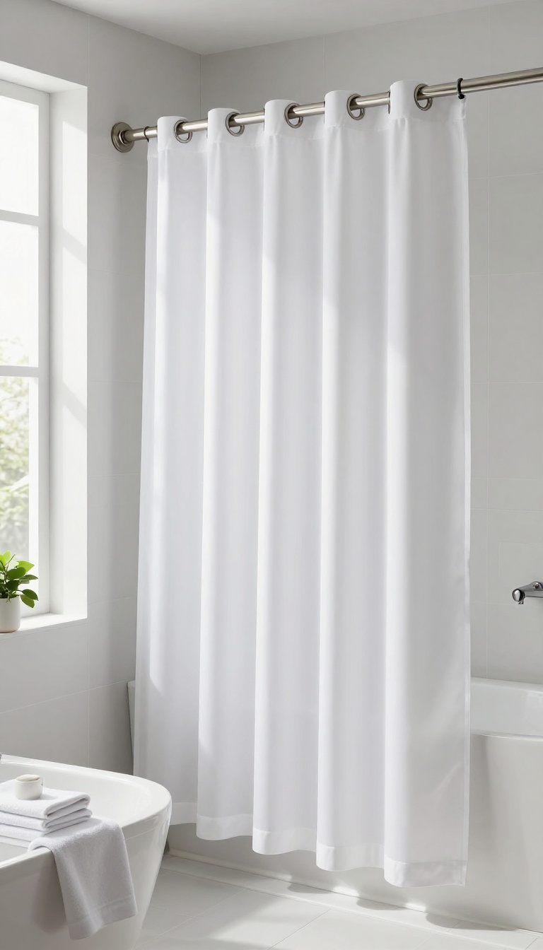 Tall grommet shower curtain in a bright modern bathroom, showcasing smooth glide and clean design.