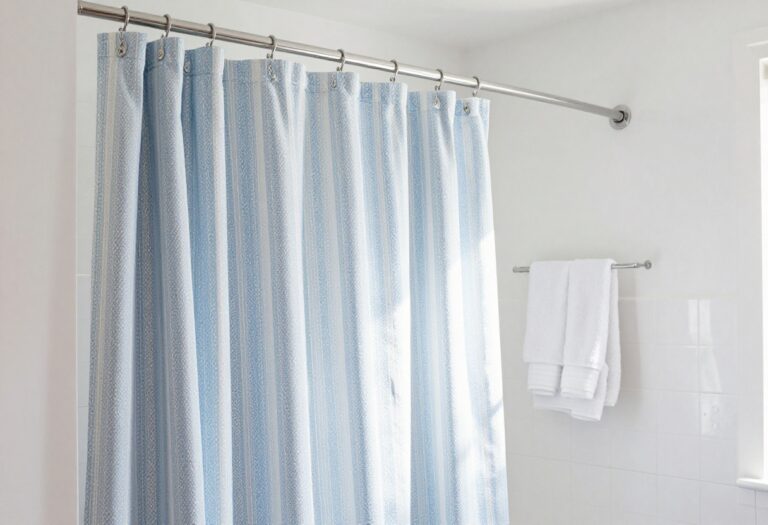 Modern bathroom with a patterned blue and white shower curtain on a curved rod