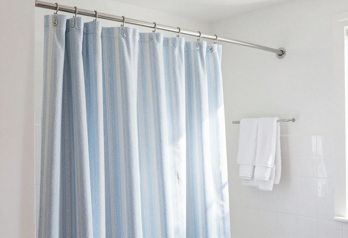 Modern bathroom with a patterned blue and white shower curtain on a curved rod